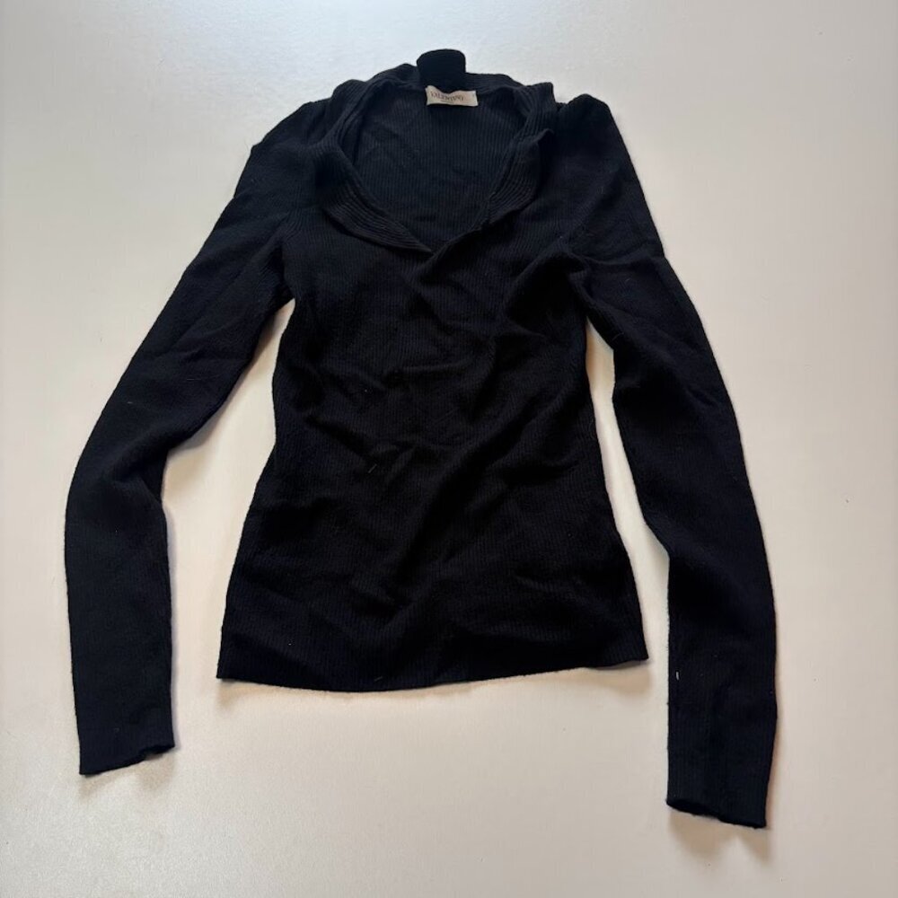 Valentino Sweater Knit Ribbed V Neck Ruffle Collar Black Classic Luxury